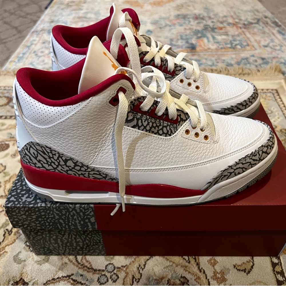 Air Jordan 3 Retro shoes . Brand new in box white/light curry-cardinal red